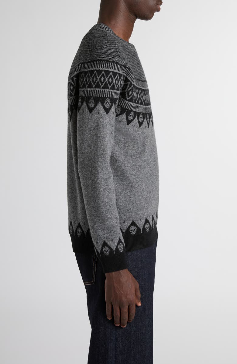 McQueen Skull Fair Isle Wool Crewneck Sweater, Alternate, color, Greymel/ Black