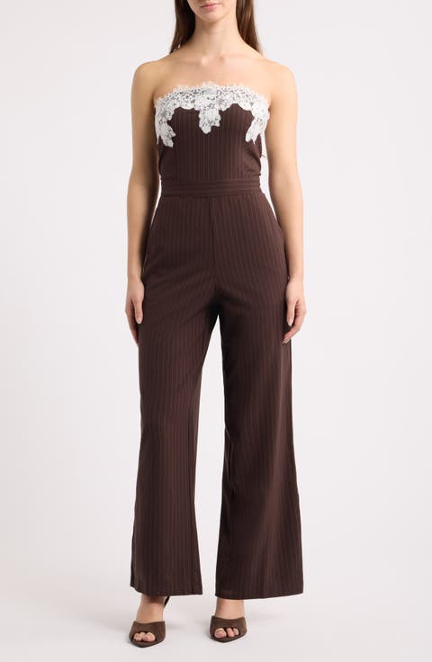 Pinstripe Strapless Lace Trim Jumpsuit