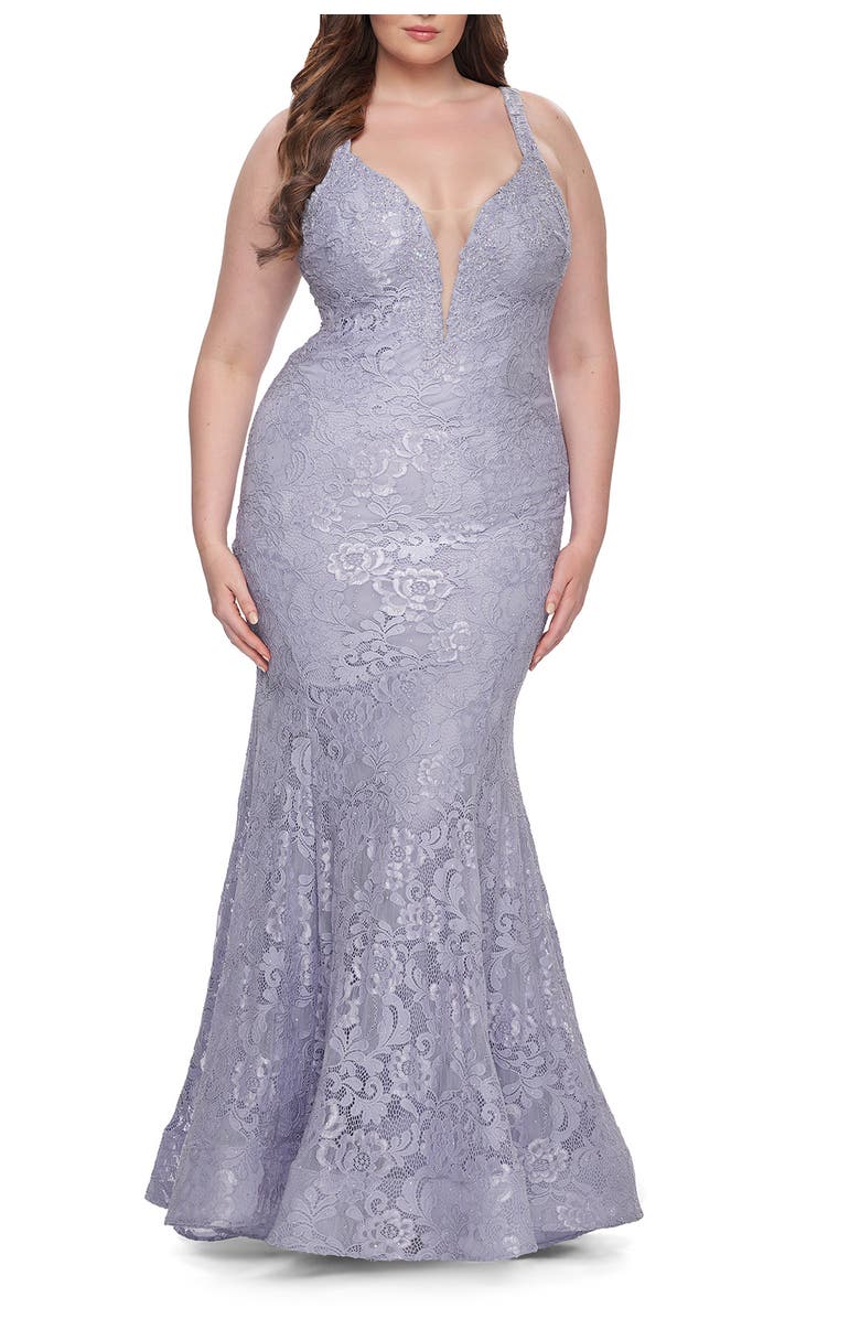 La Femme Mermaid Lace Plus Size Prom Dress with Deep V, Main, color, Light Periwinkle