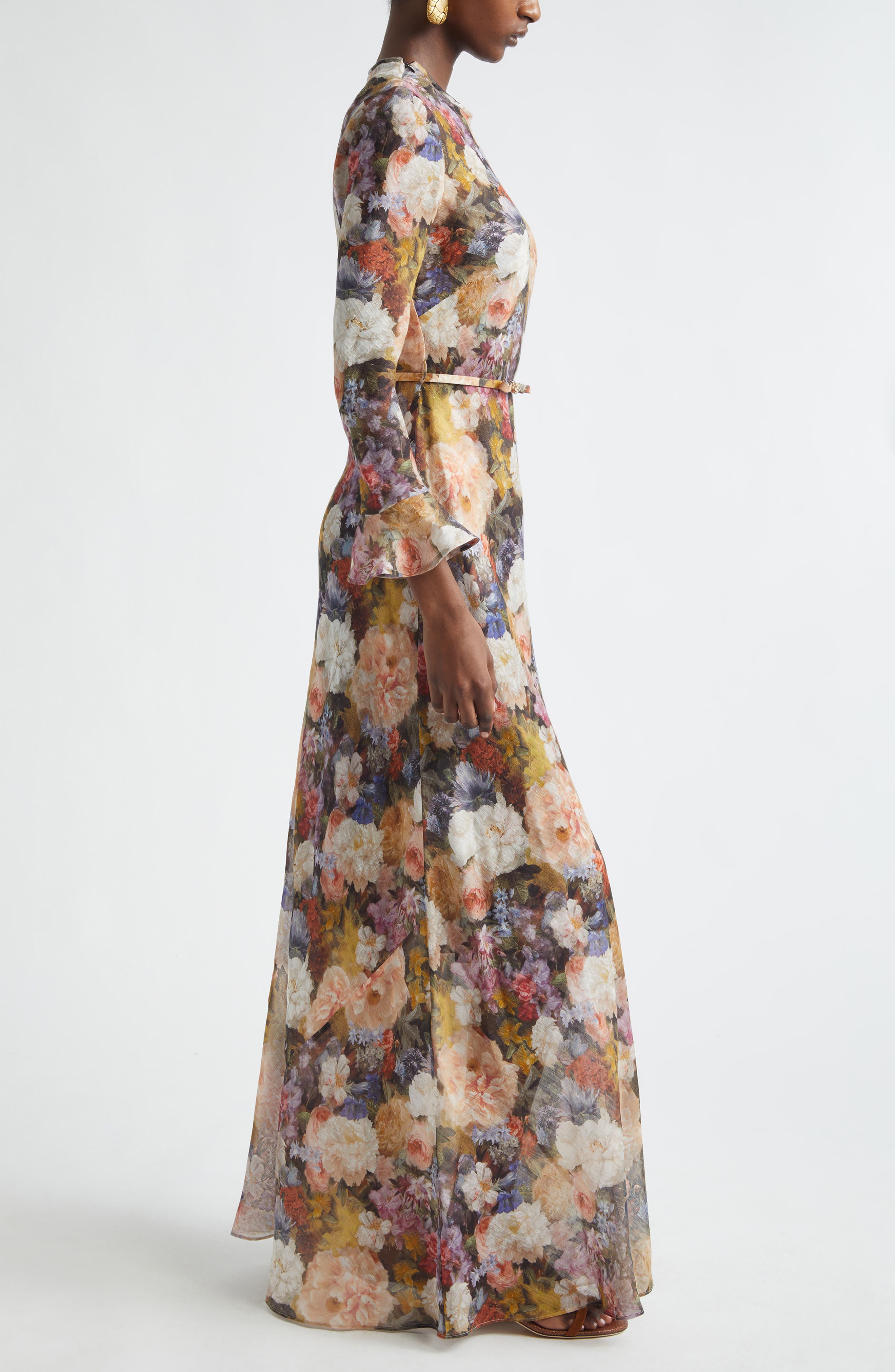 floral satin dress long sleeve After Six Women's Floral Satin Twill Ballgown - Blue