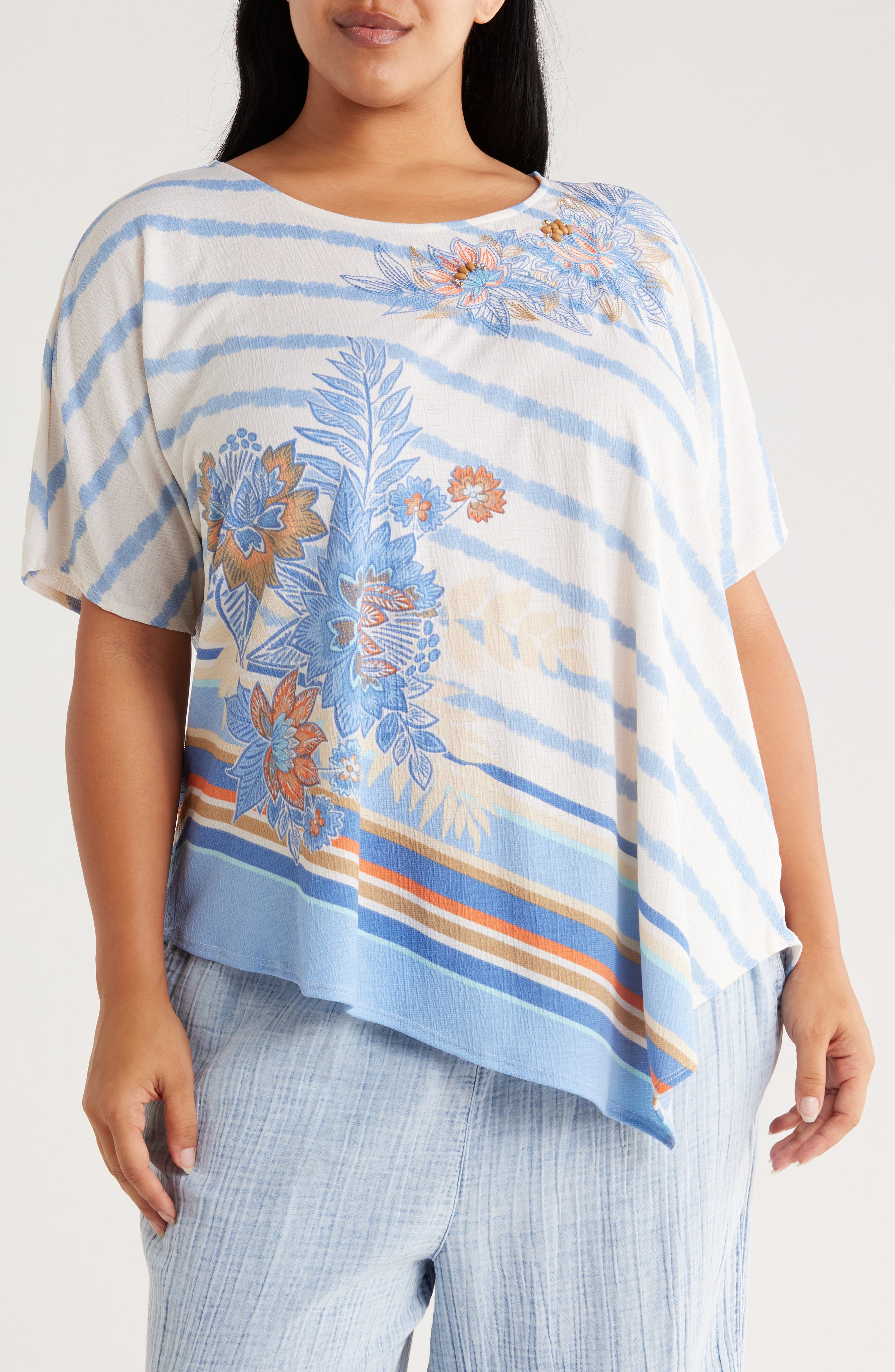 RUBY RD Floral Stripe Crinkle Top