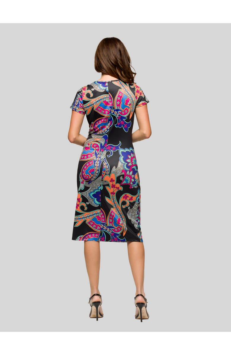 24seven Comfort Apparel Black Paisley Knee Length Short Sleeve Faux Wrap Dress, Alternate, color, Black Multi