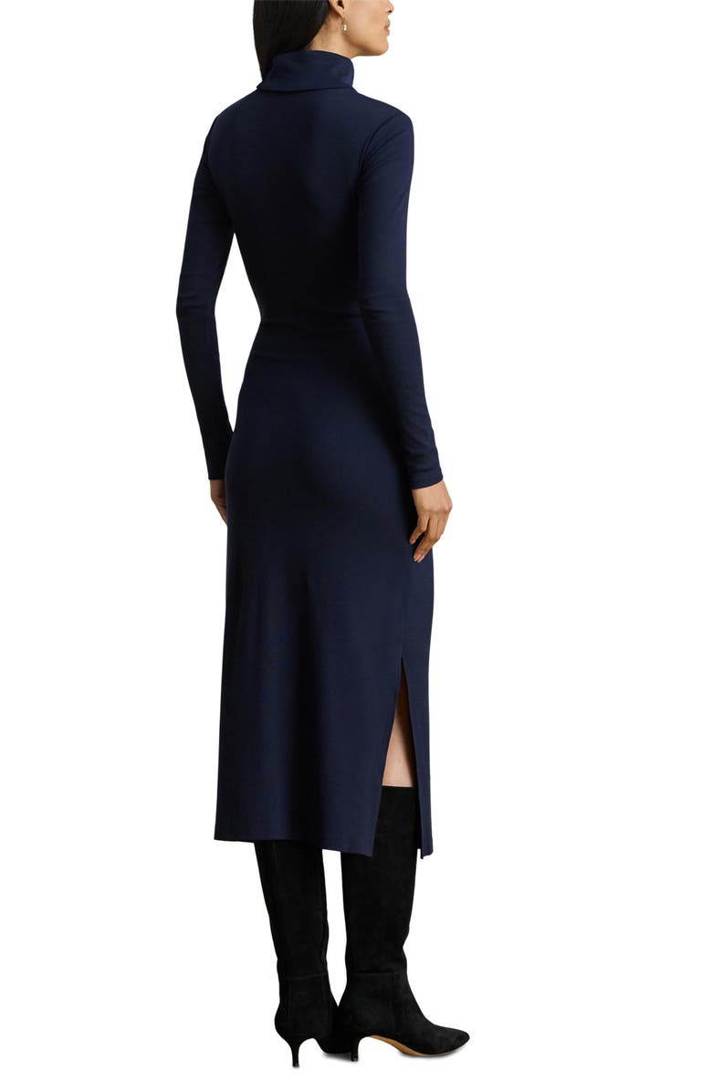 Lauren Ralph Lauren Turtleneck Tie Waist Long Sleeve Rib Cotton Blend Midi Dress, Alternate, color, Lighthouse Navy