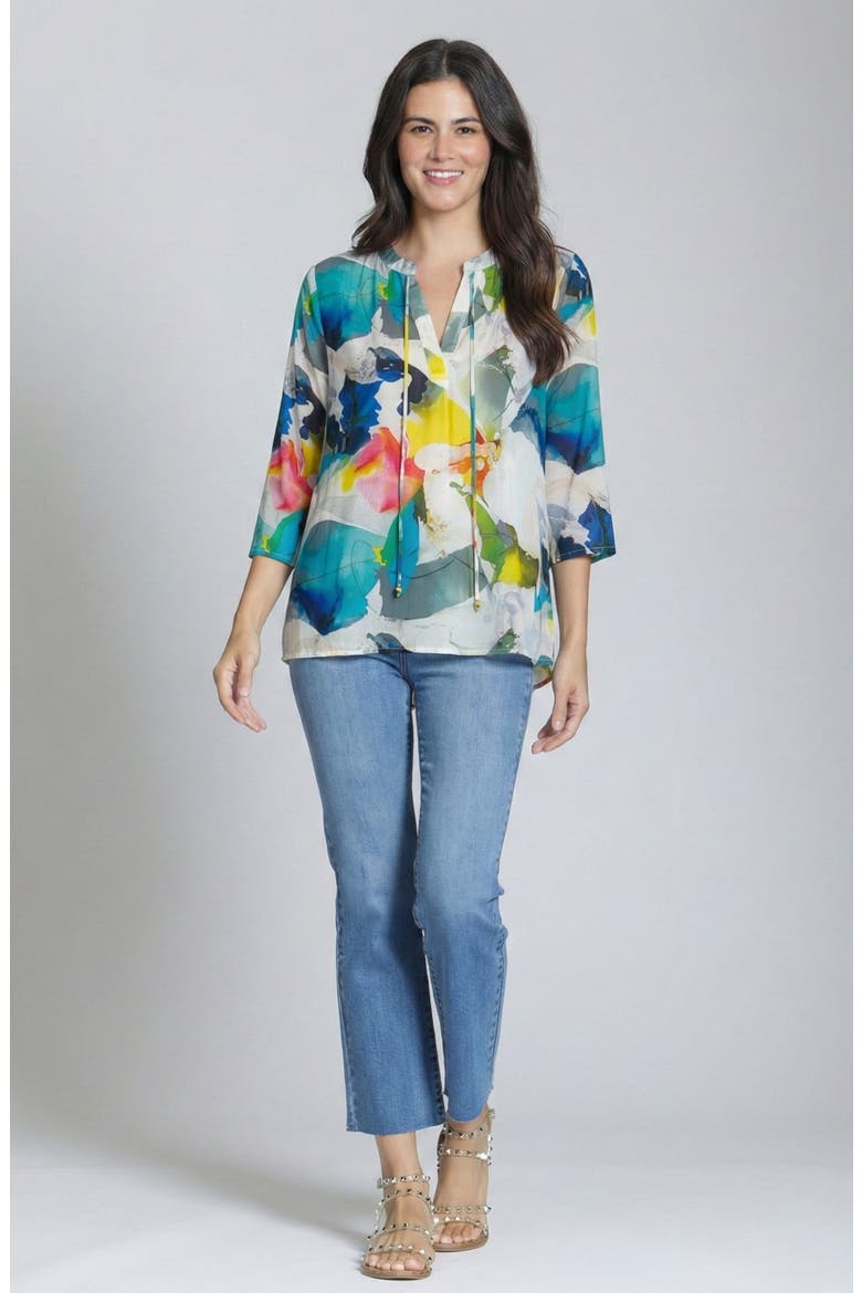 Print Tassel Split Neck Chiffon Top, Alternate, color, TEAL BLUE MULTI