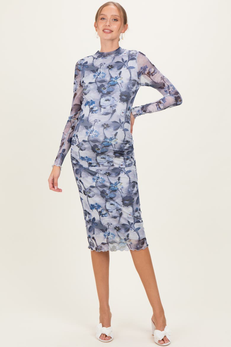 Floral Mesh Long Sleeve Midi Dress, Alternate, color, Blue