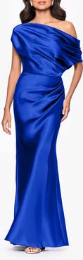 Betsy & Adam One-Shoulder Satin Sheath Gown