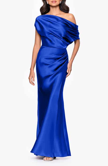 Betsy & Adam One-Shoulder Satin Sheath Gown