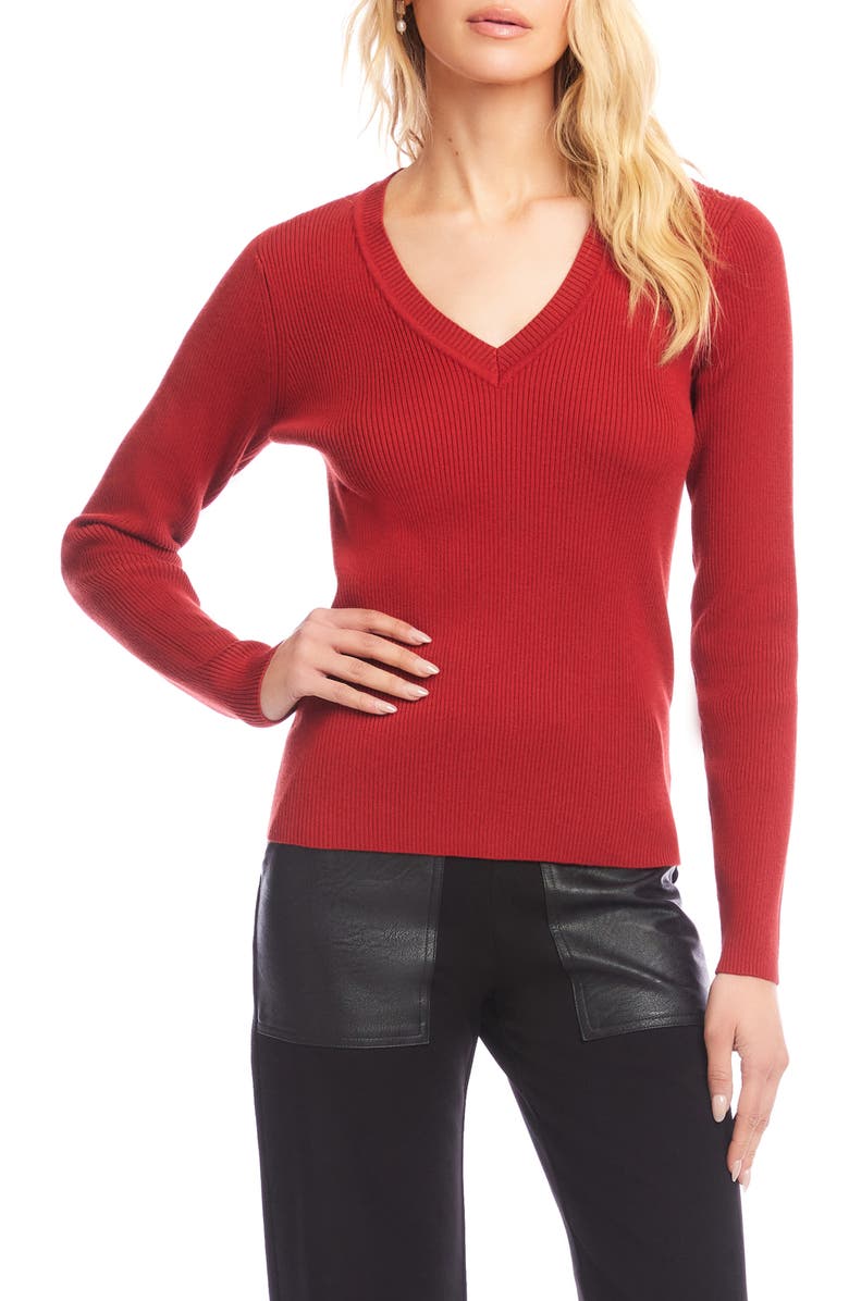Karen Kane Rib V-Neck Sweater, Main, color, Tomato Red