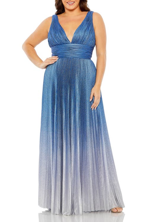 Mac Duggal V-neckline Ombre Pleated Gown In Sapphire Ombre