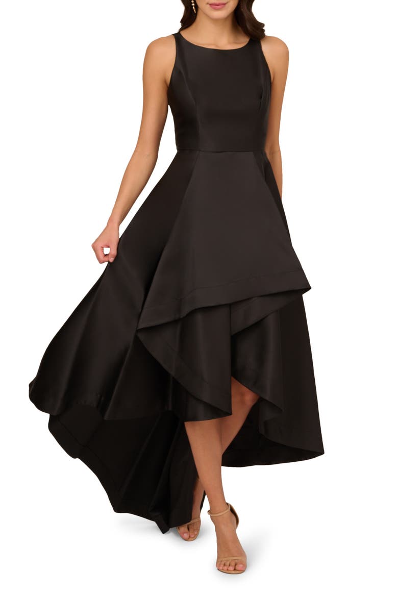 Mikado High/Low Sleeveless Gown, Main, color, BLACK
