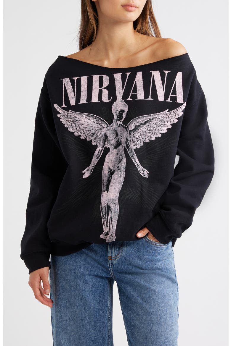 Nirvana Graphic Off the Shoulder Sweatshirt, Main, color, BLACK