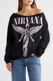 Merch Traffic Nirvana Graphic Off the Shoulder Sweatshirt