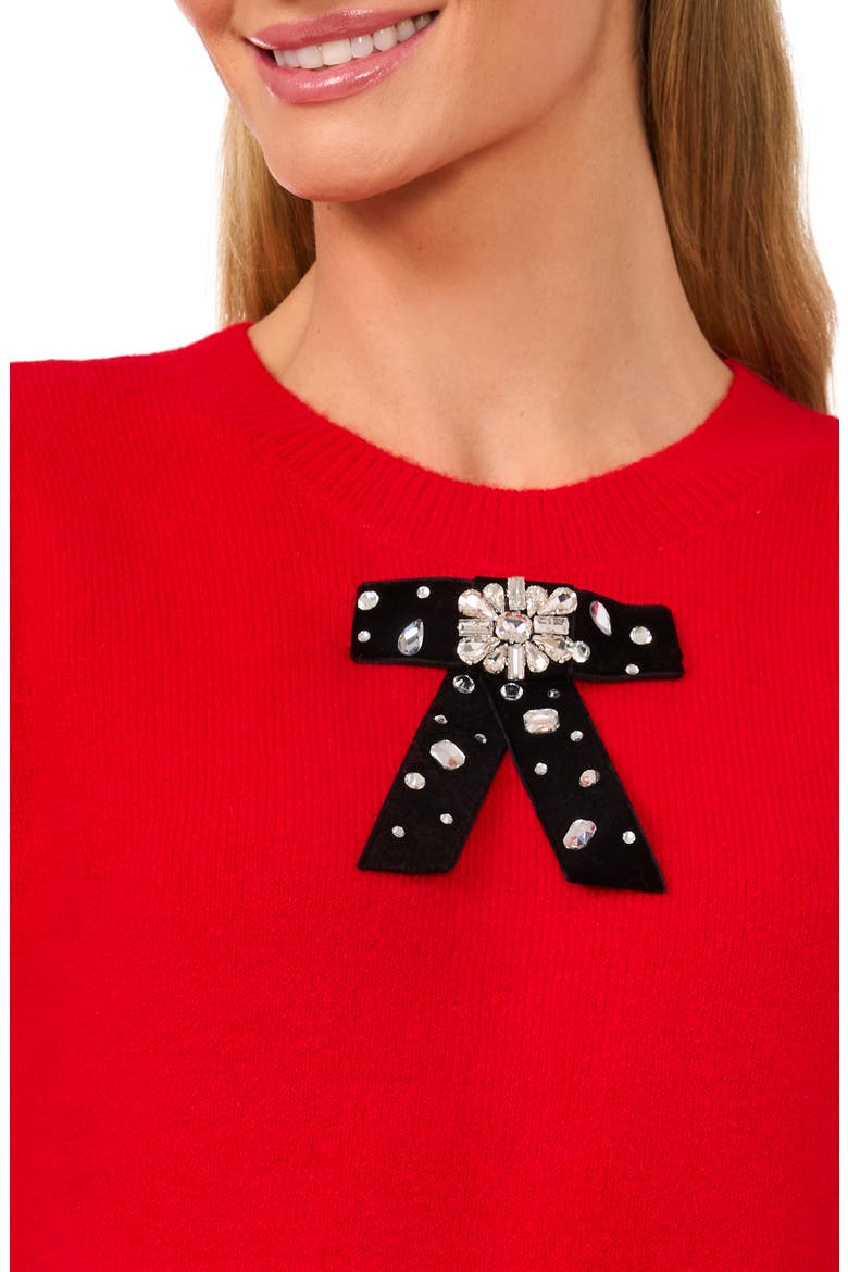 Embellished Velvet Bow Short Sleeve Sweater, Alternate, color, BRIGHT CHERRY