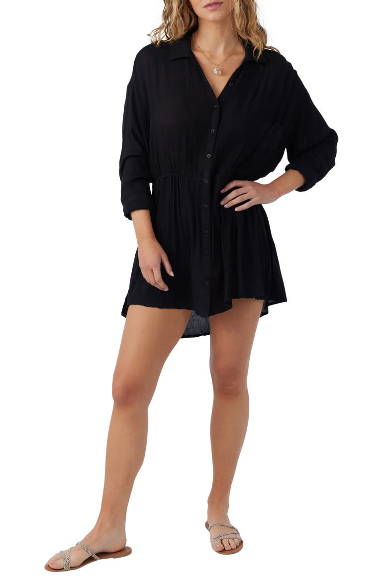 Cami Long Sleeve Cover-Up Shirtdress, Main, color, BLACK