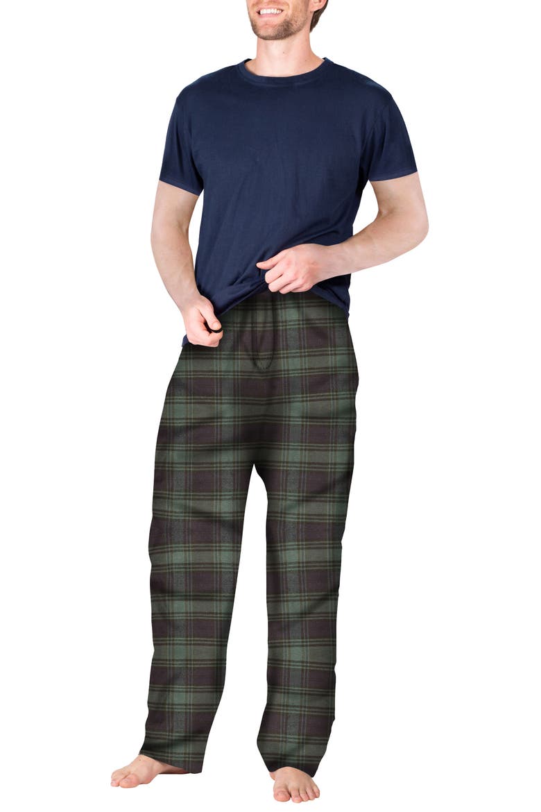 Knit & Flannel Two-Piece Pajamas, Alternate, color, GREEN NAVY PLAID