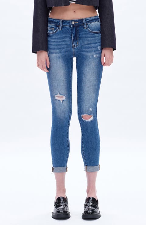 High Waist Cuffed Ankle Skinny Jeans