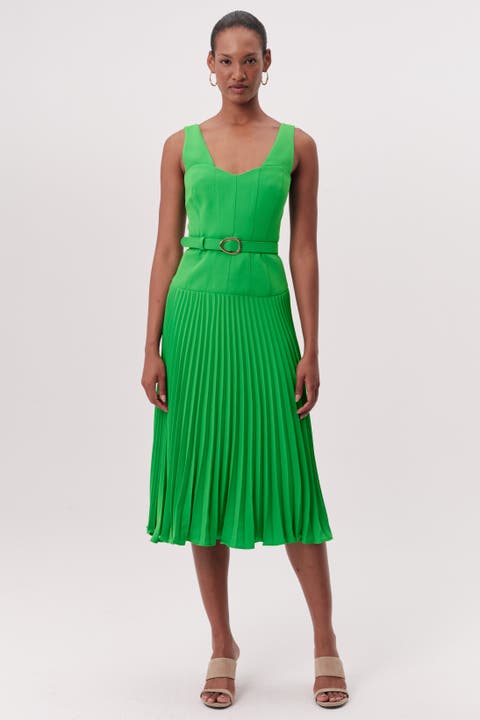 Pleated Belt Detail Midi Crepe Dress