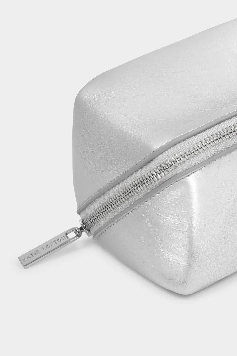 Patent Crackle Fold-Out Mirror Makeup Bag in Silver, Alternate, color, Silver
