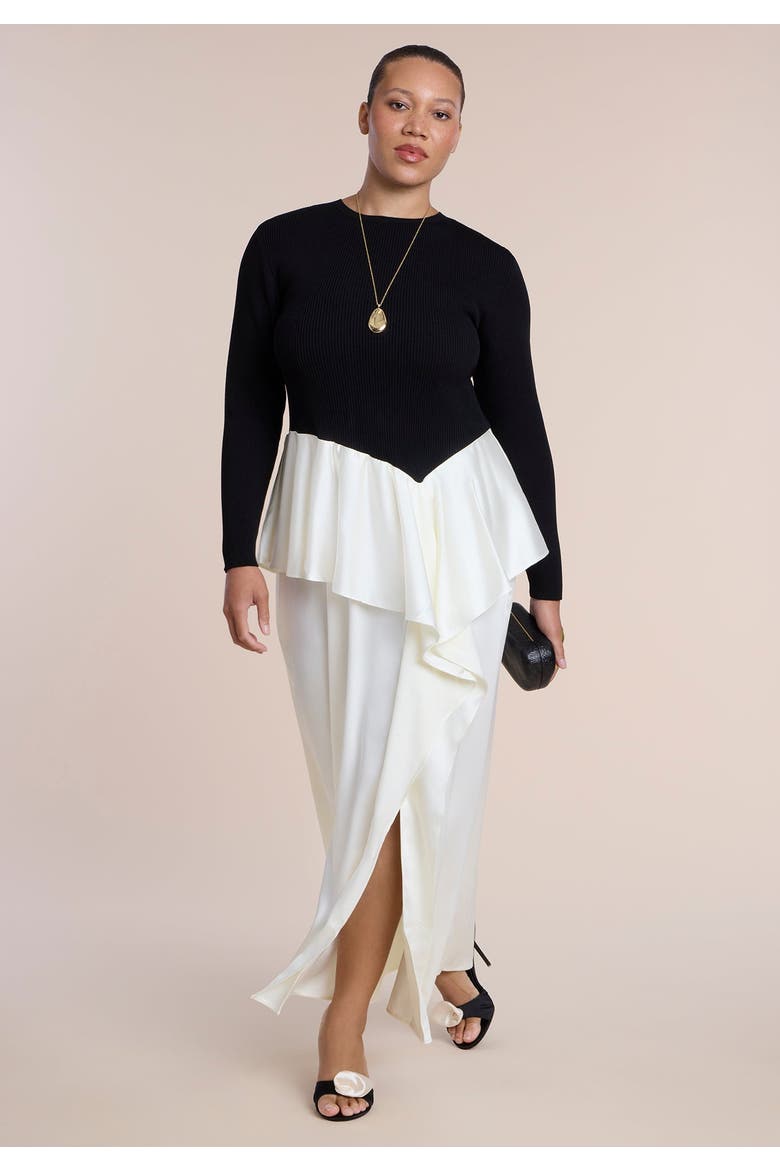 Mixed Media Peplum Detail Maxi Dress, Main, color, BLACK AND CREAM