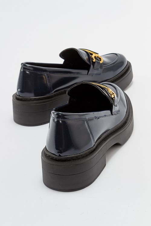 Forever & Always Shoes Simone Bit Platform Loafer In Dark Blue Patent Faux Leather