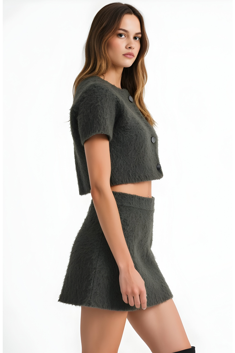 Fuzzy Knit Crop Top and Mini Skirt Set with Button Front Detail, Alternate, color, Gray