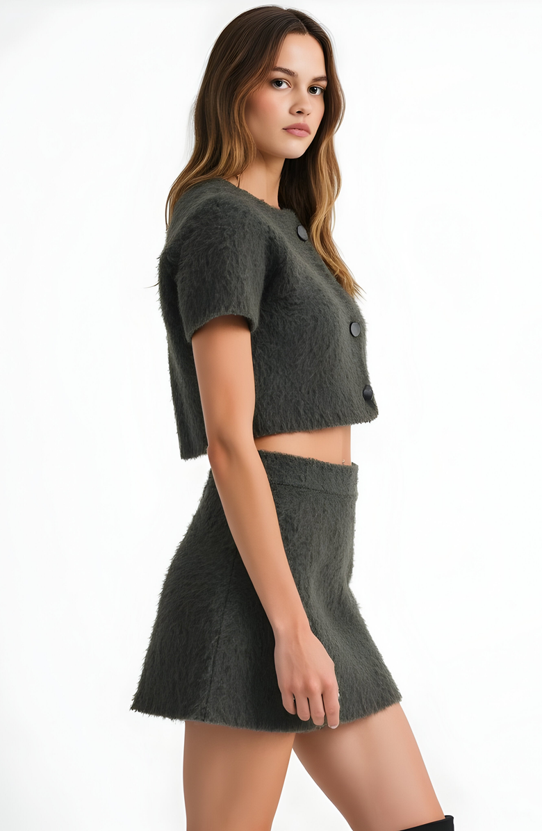 Modenaire Fuzzy Knit Crop Top and Mini Skirt Set with Button Front Detail, Alternate, color, Gray