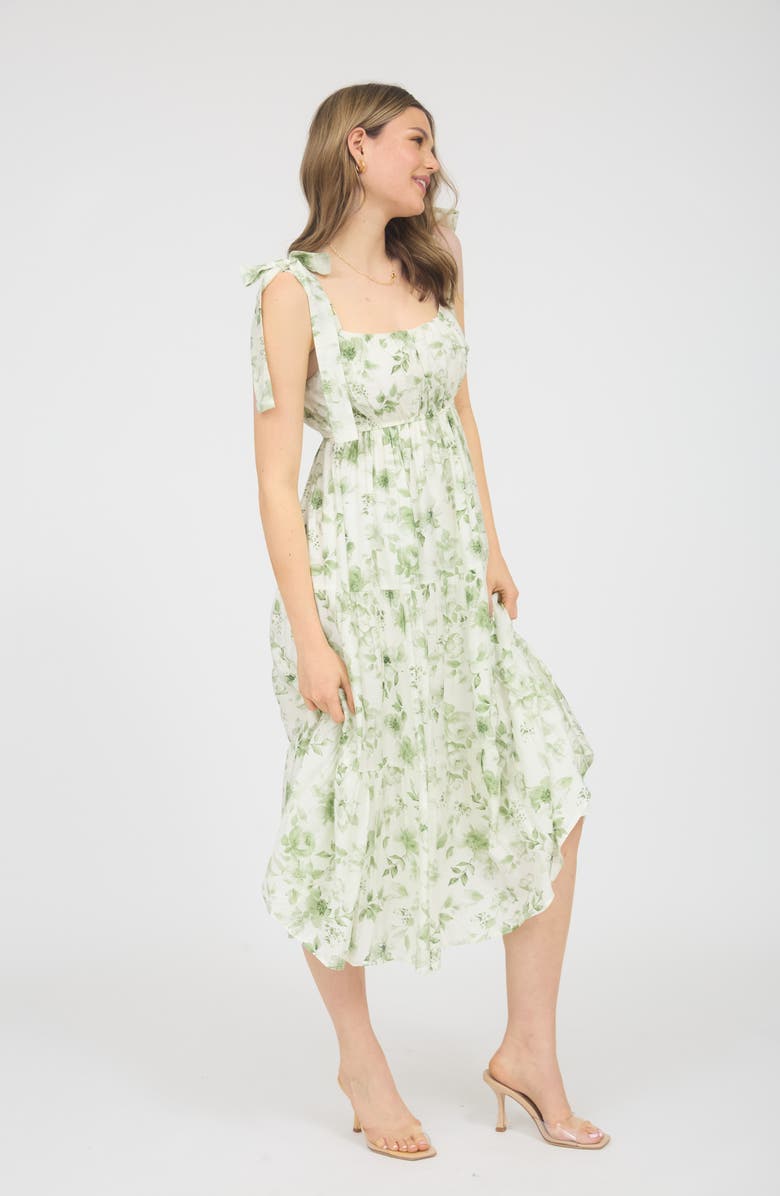AUGUST SKY Shoulder Tie Floral Midi Dress, Alternate, color, Olive Multi