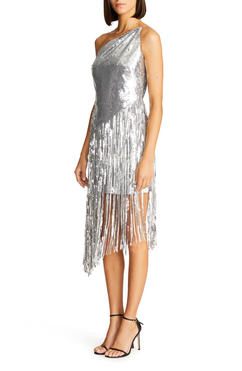 HALSTON Tonya Sequin Fringe One-Shoulder Cocktail Dress, Alternate, color,