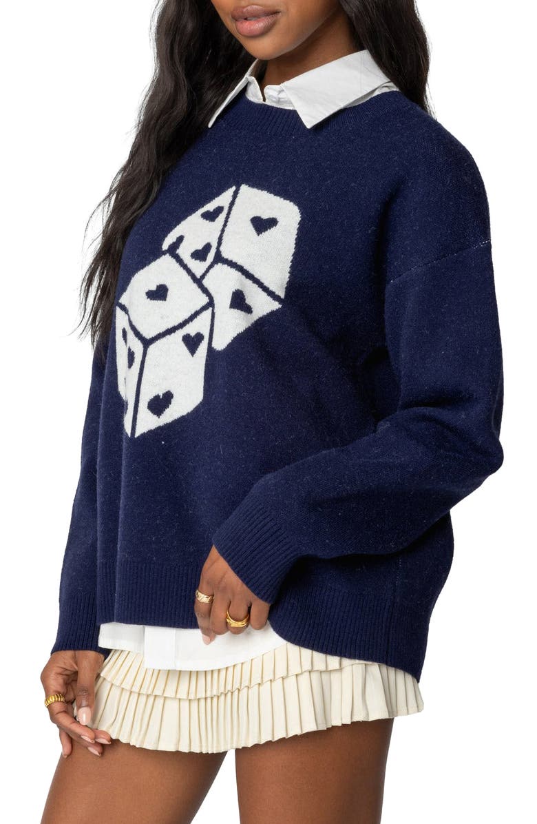 EDIKTED Roll the Dice Graphic Crewneck Sweater, Alternate, color, Navy