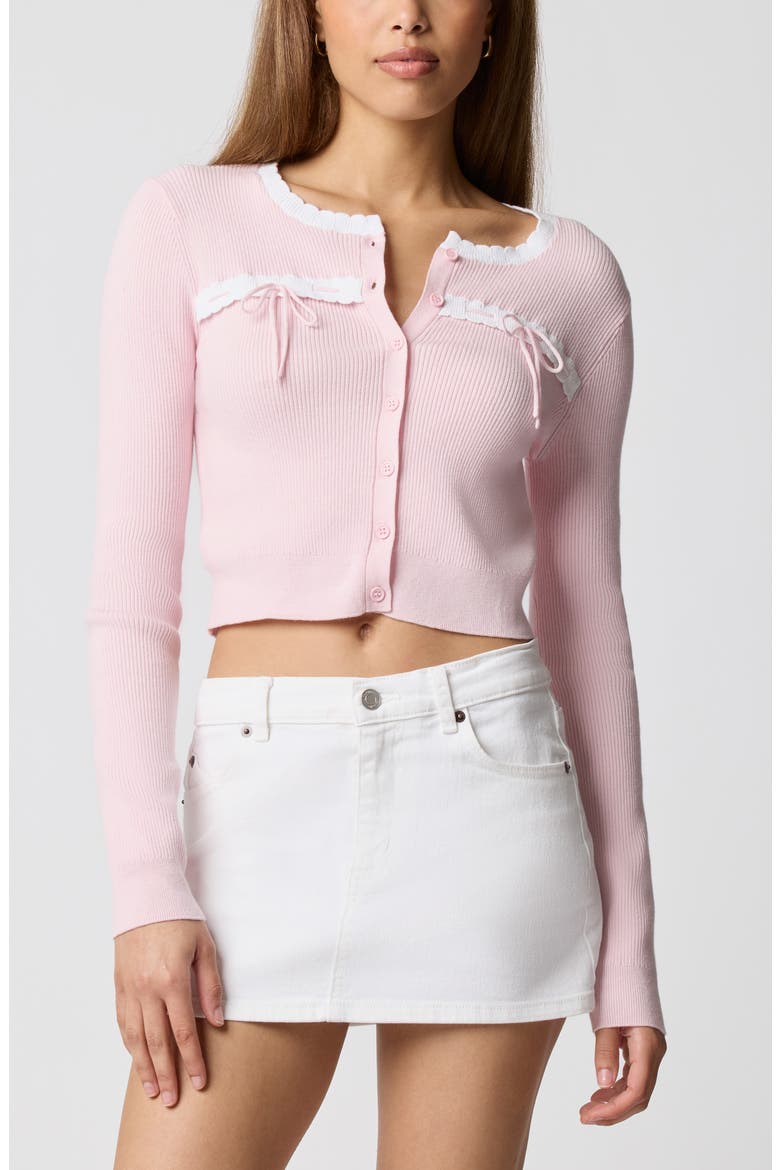Baby Bow Rib Knit Button Front Crop Cardigan, Main, color, BALLET SLIPPER