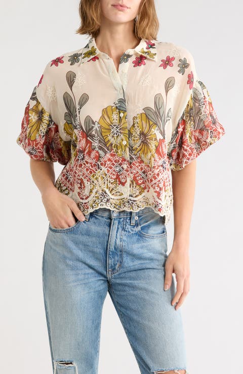 Embroidered Eyelet Bubble Sleeve Shirt