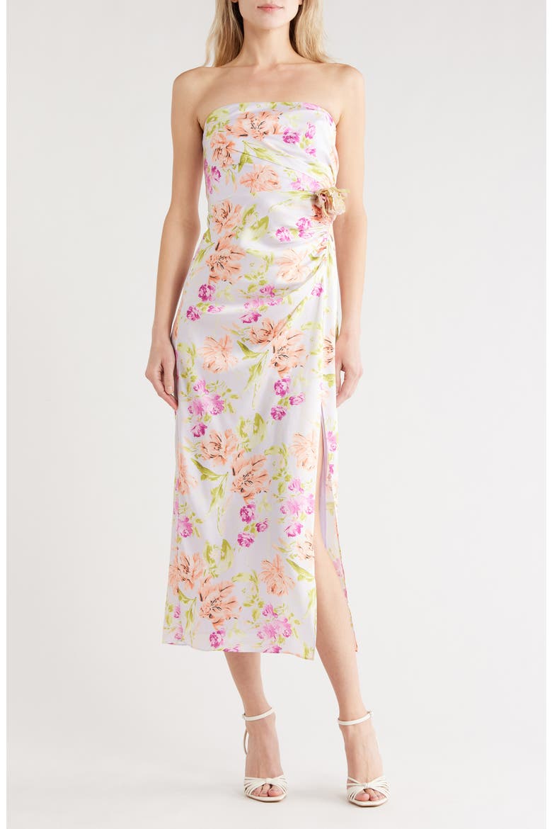 Midnight Tulips Denali Strapless Midi Dress, Main, color, PALE LAVENDER MULTI