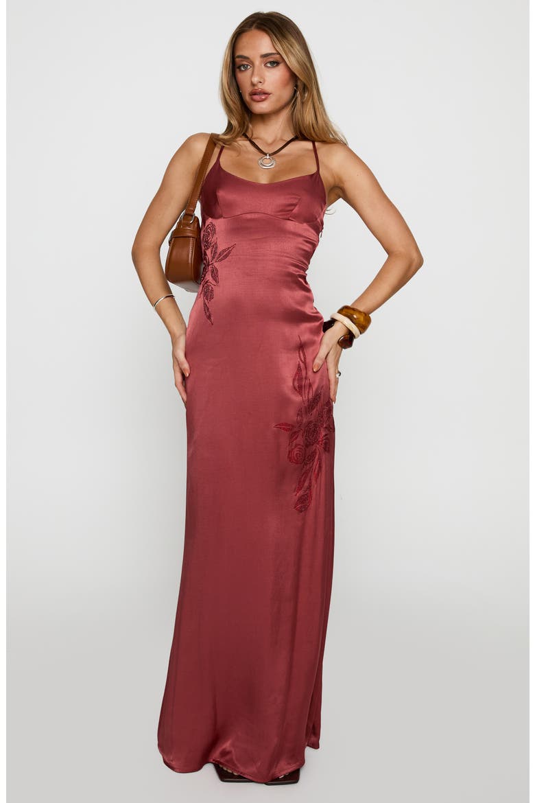 Catch You Up Bead Detail Strappy Back Satin Gown, Alternate, color, RED