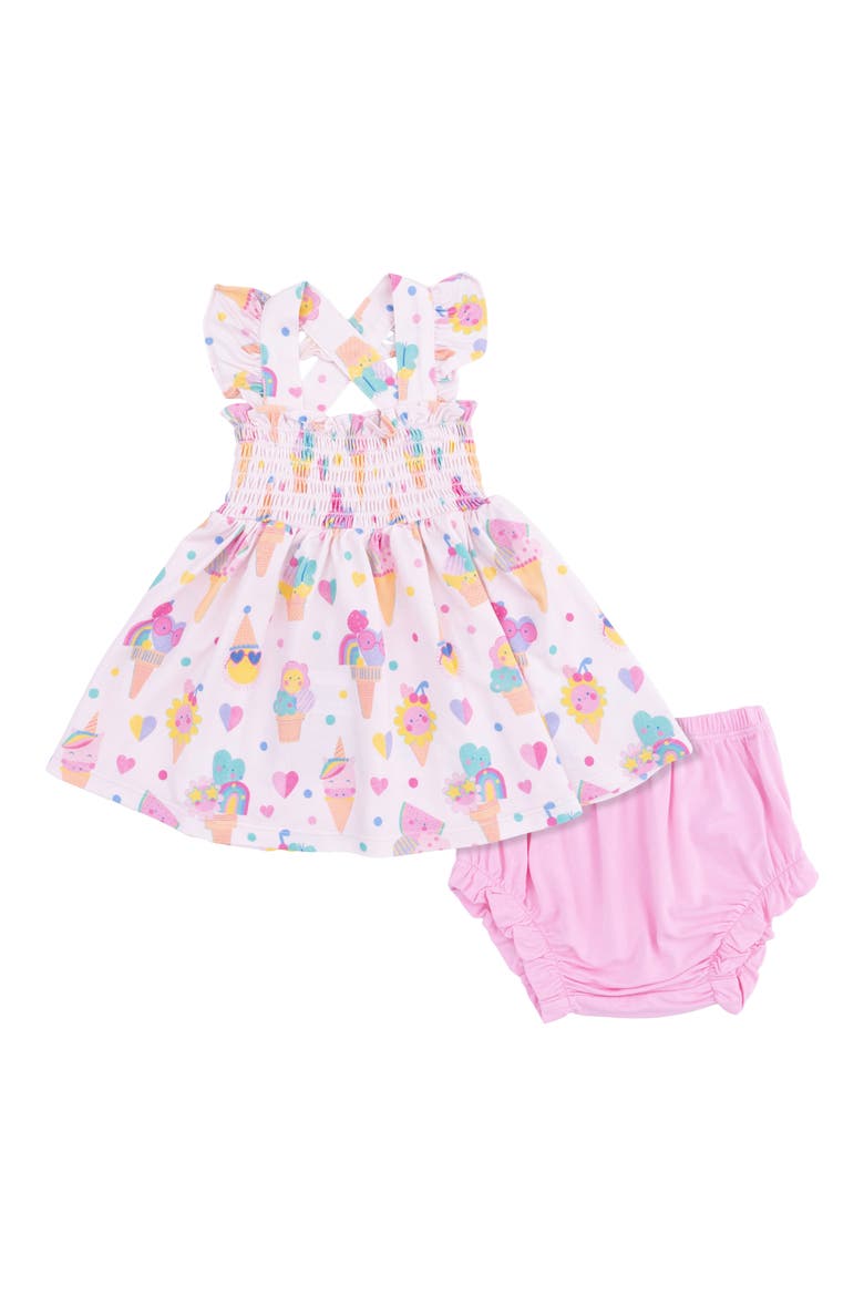 Ice Cream Fun Ruffle Smocked Dress with Bloomers, Main, color, PINK
