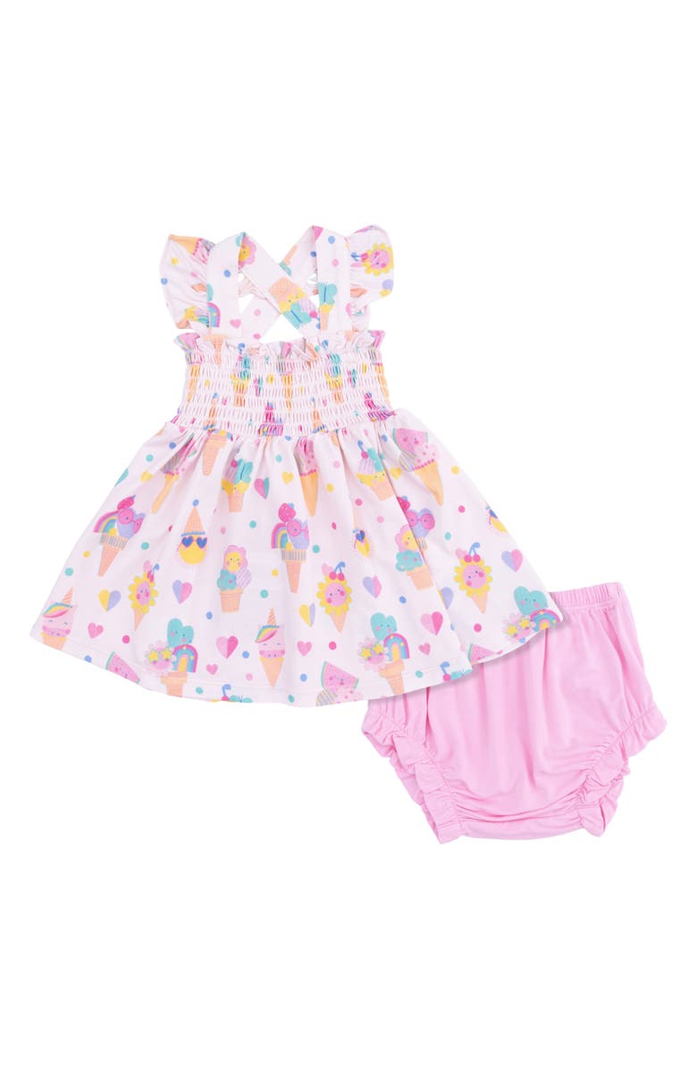Angel Dear Ice Cream Fun Ruffle Smocked Dress with Bloomers, Main, color, 