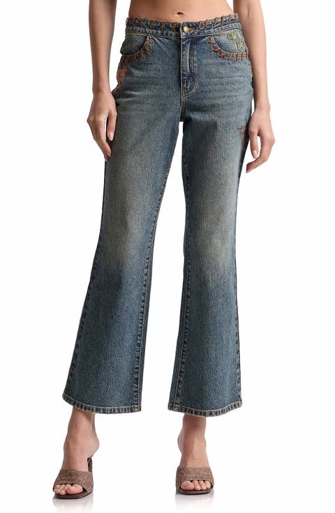 Embroidered Lace-Up Flare Leg Jeans