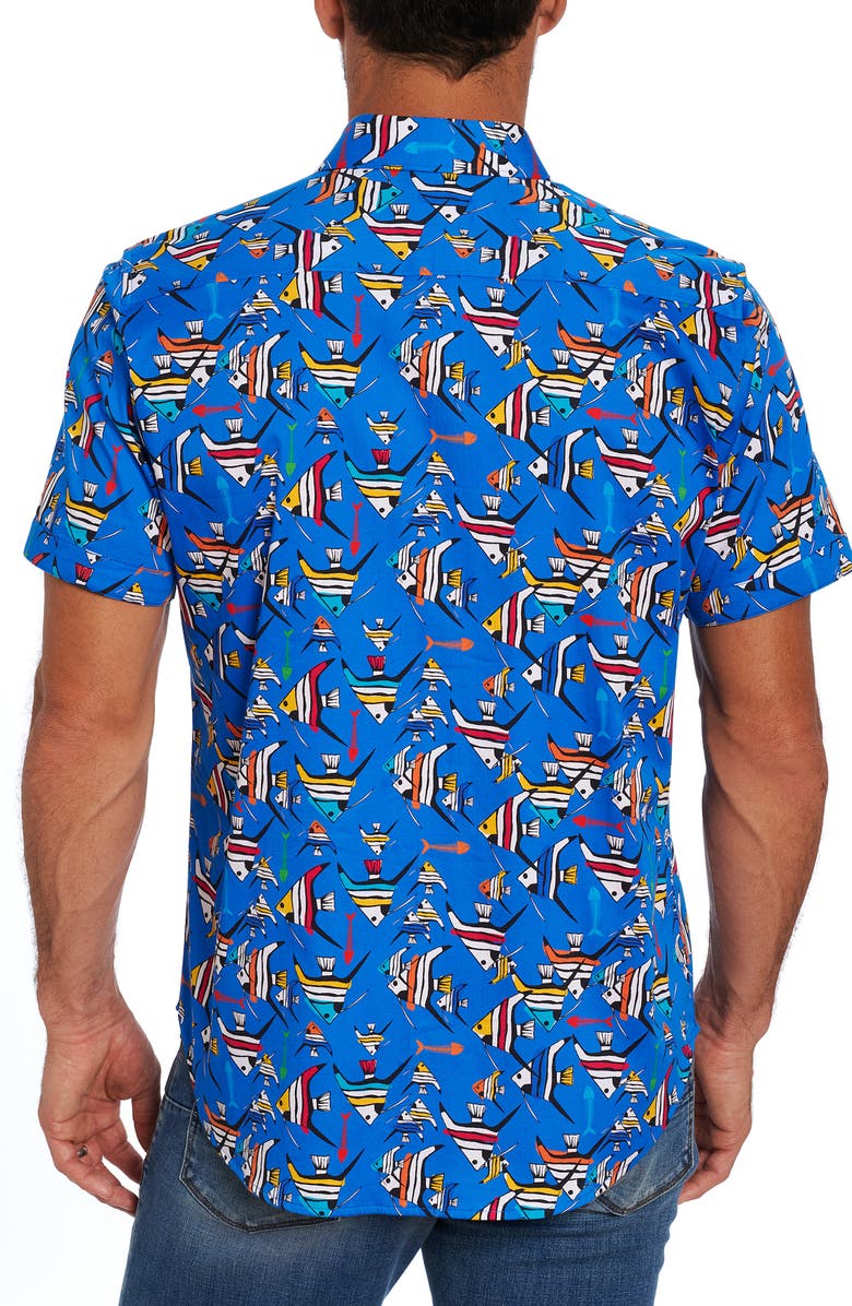 Robert Graham Gone Fishing Stretch Print Short Sleeve Button-Up Shirt, Alternate, color, Blue