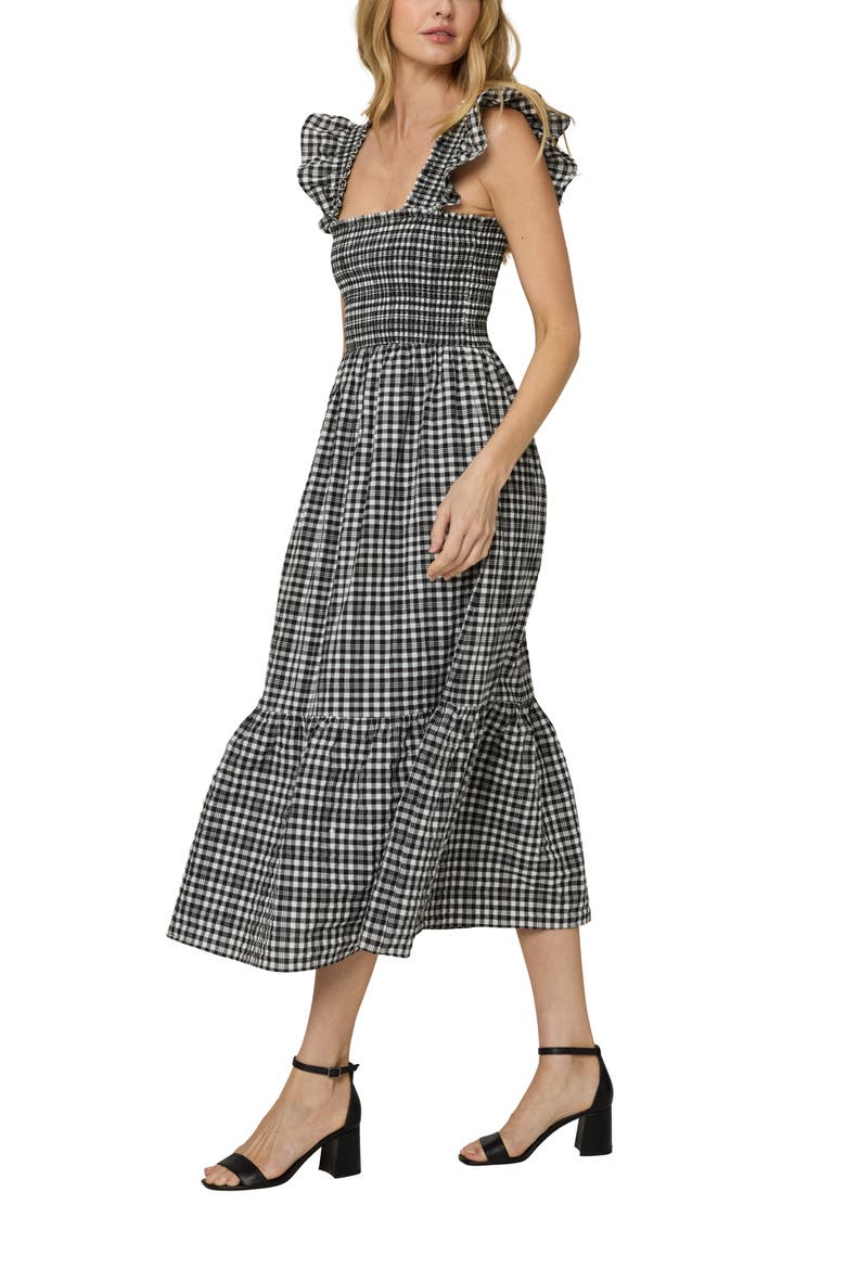The Flounce Smocked Midi Dress, Alternate, color, Black Checkerd