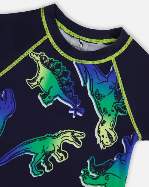 DEUX PAR DEUX DEUX PAR DEUX LITTLE BOY'S SHORT SLEEVE RASHGUARD BLUE AND GREEN DINO ON NAVY