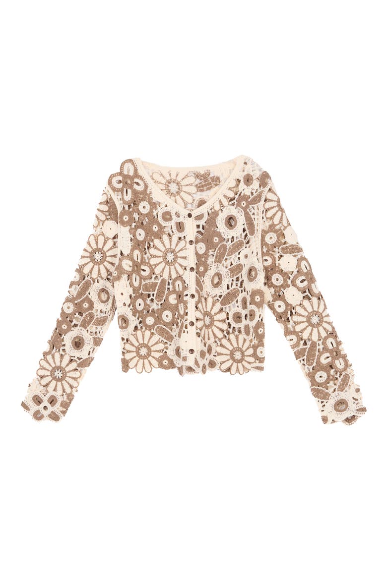 Flower Open Stitch Cardigan, Alternate, color, BROWN