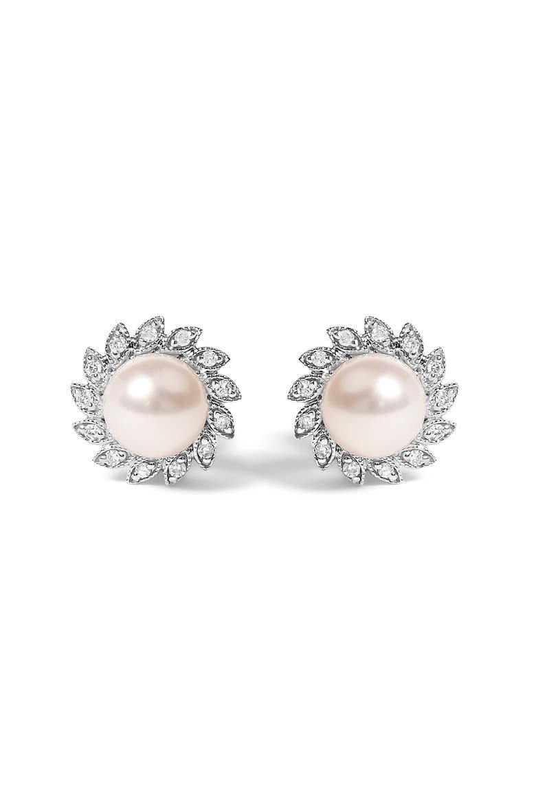 10K White Gold Pearl and Diamond Accent Halo Stud Earrings, Main, color, White