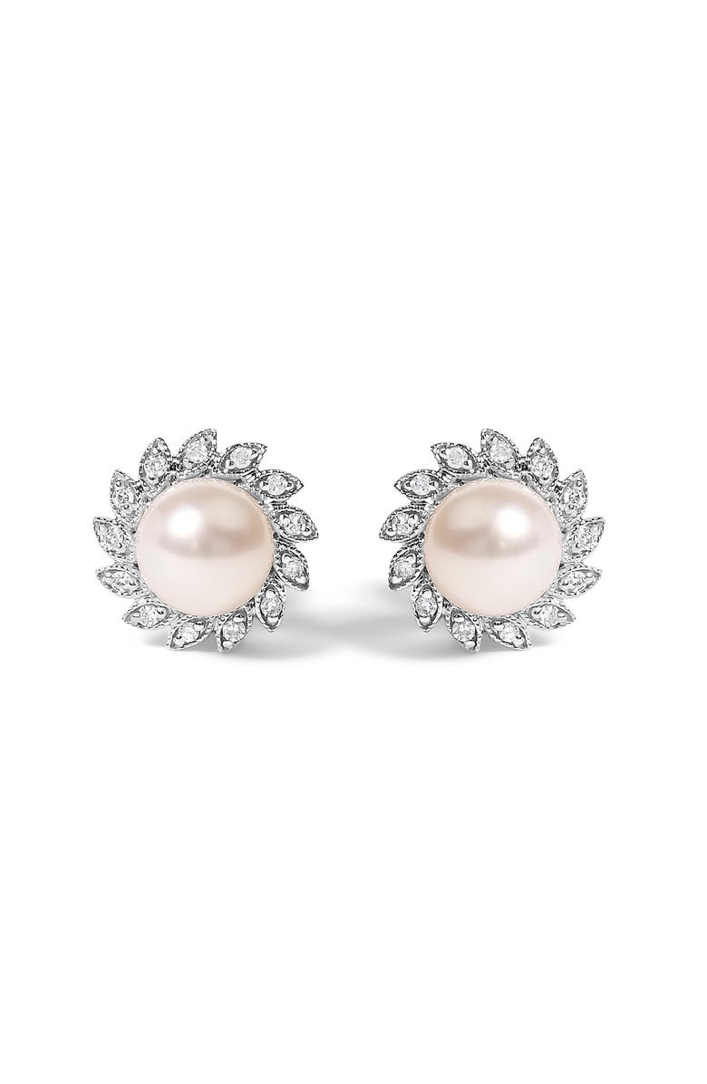Haus of Brilliance 10K White Gold Pearl and Diamond Accent Halo Stud Earrings, Main, color, White