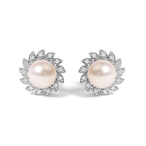 10K White Gold Pearl and Diamond Accent Halo Stud Earrings