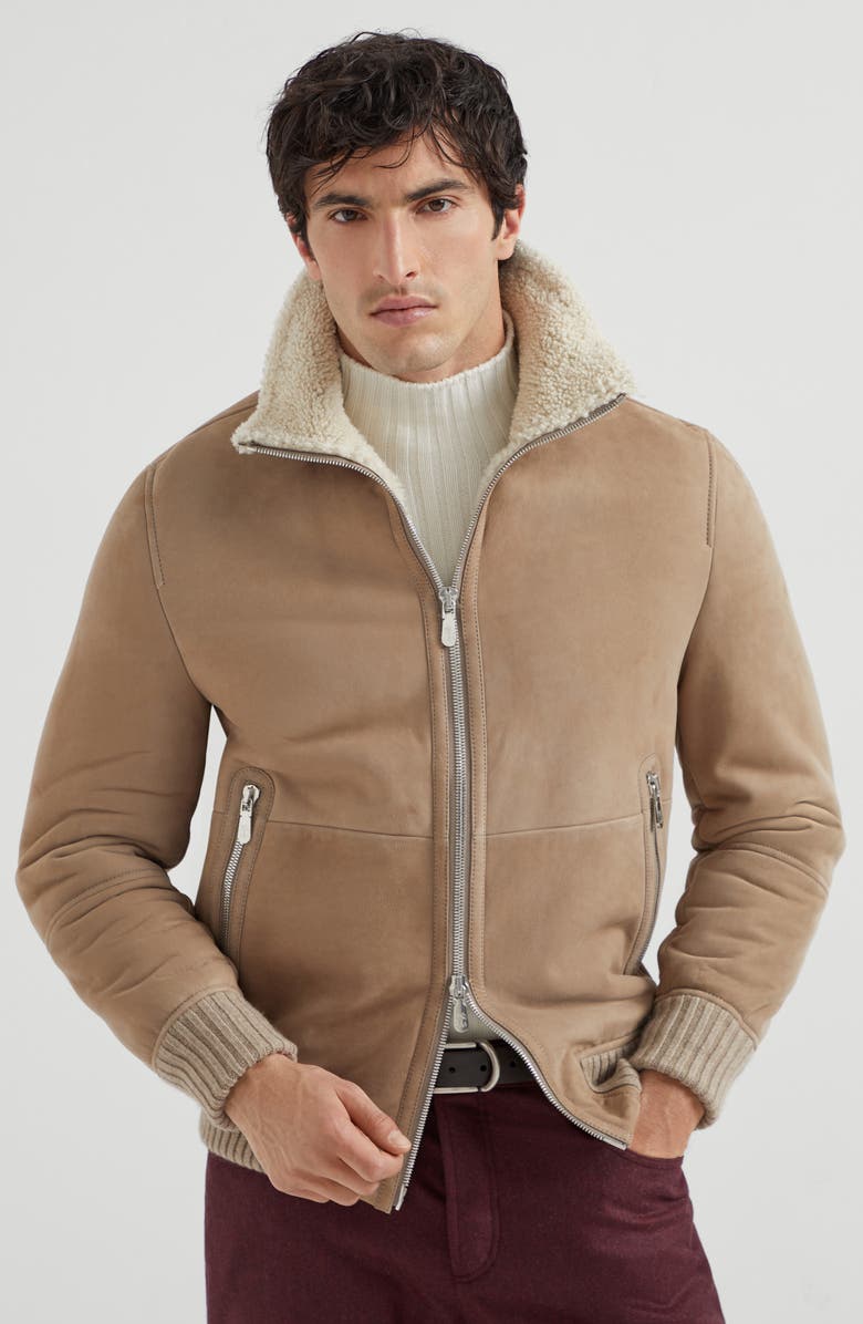Brunello Cucinelli Curly shearling bomber jacket, Alternate, color, Hazelnut