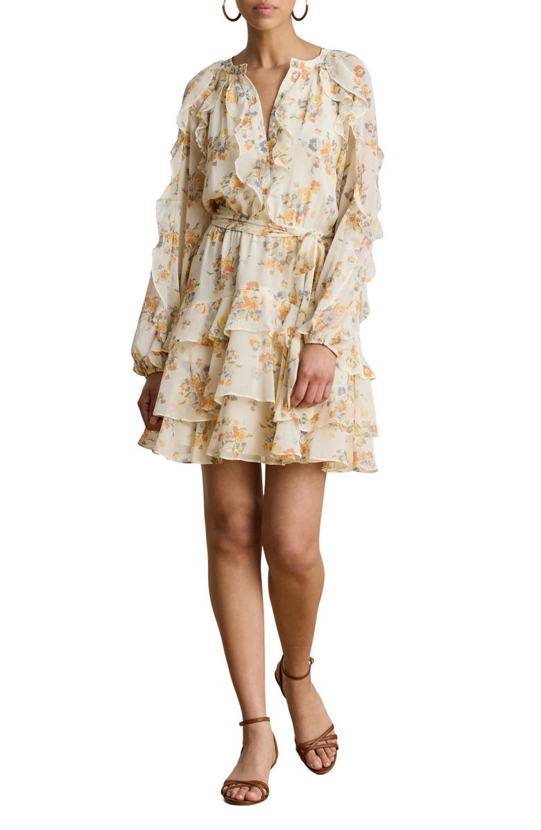 Lauren Ralph Lauren Floral Print Long Sleeve Minidress, Main, color, Cream/ Multi