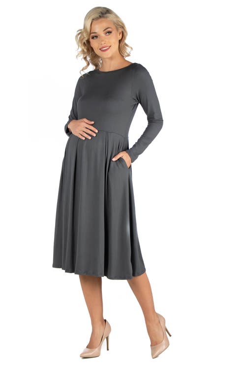 24seven Comfort Apparel Maternity Midi Length Fit And Flare Pocket Dress In Gray