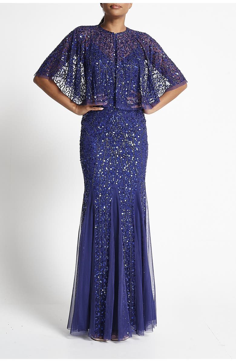 Frock and Frill Embellished Maxi Gown with Detachable Cape, Main, color,