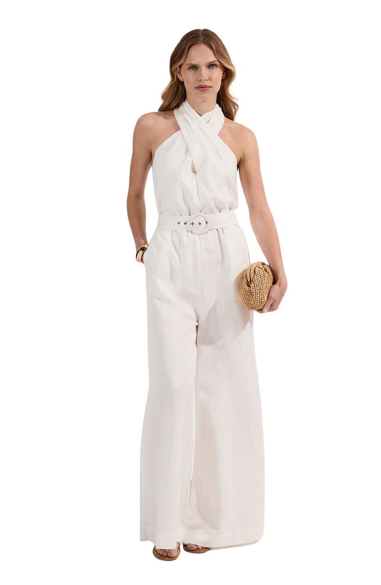 Karen Millen Linen Blend Wide Leg Belted Jumpsuit, Main, color, White