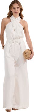 Karen Millen Linen Blend Wide Leg Belted Jumpsuit