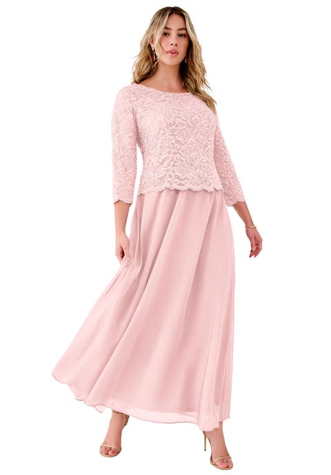 Plus Size Sequin Lace Three Quarter Sleeve A-Line Gown (Plus)